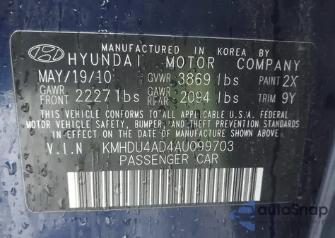 2010 Hyundai Elantra Gls z USA, uszkodzony, nr VIN KMHDU4AD4AU099703